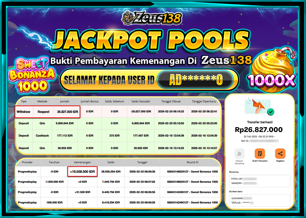 ZEUS138 SWEET BONANZA 1000 Rp.26,827,000 LUNAS